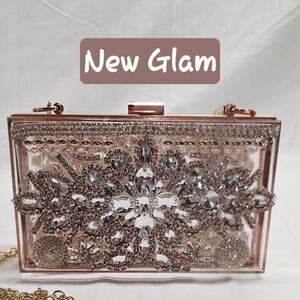 Handmade Pearl Chaos Clear Acrylic Clutch w/ Rose Gold Hardware - New Glam